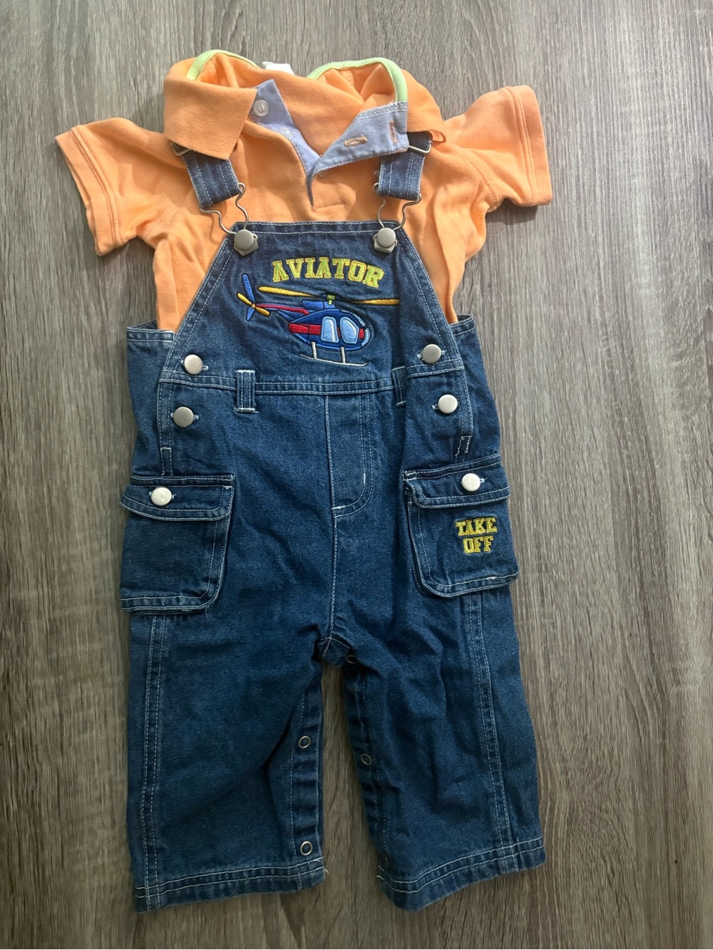 Starting Out Orange Polo with Denim Aviator Overalls